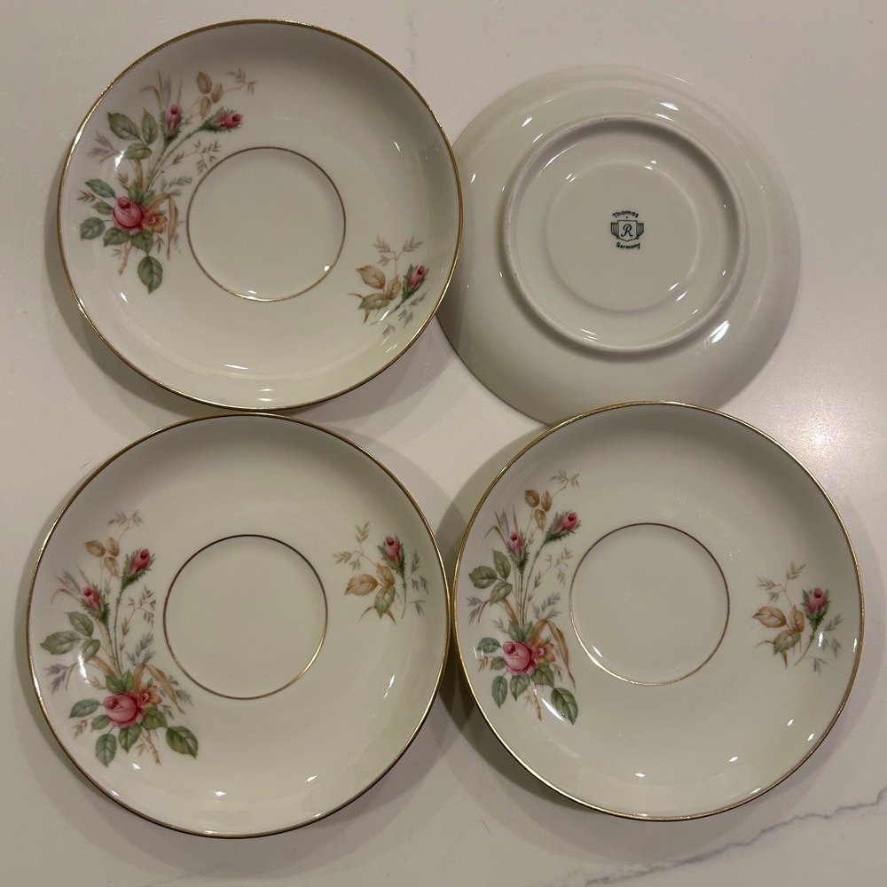 Thomas Germany Saucers Set of 4 Ivory Pink Rose Floral Gold Trim Porcelain 5.75"